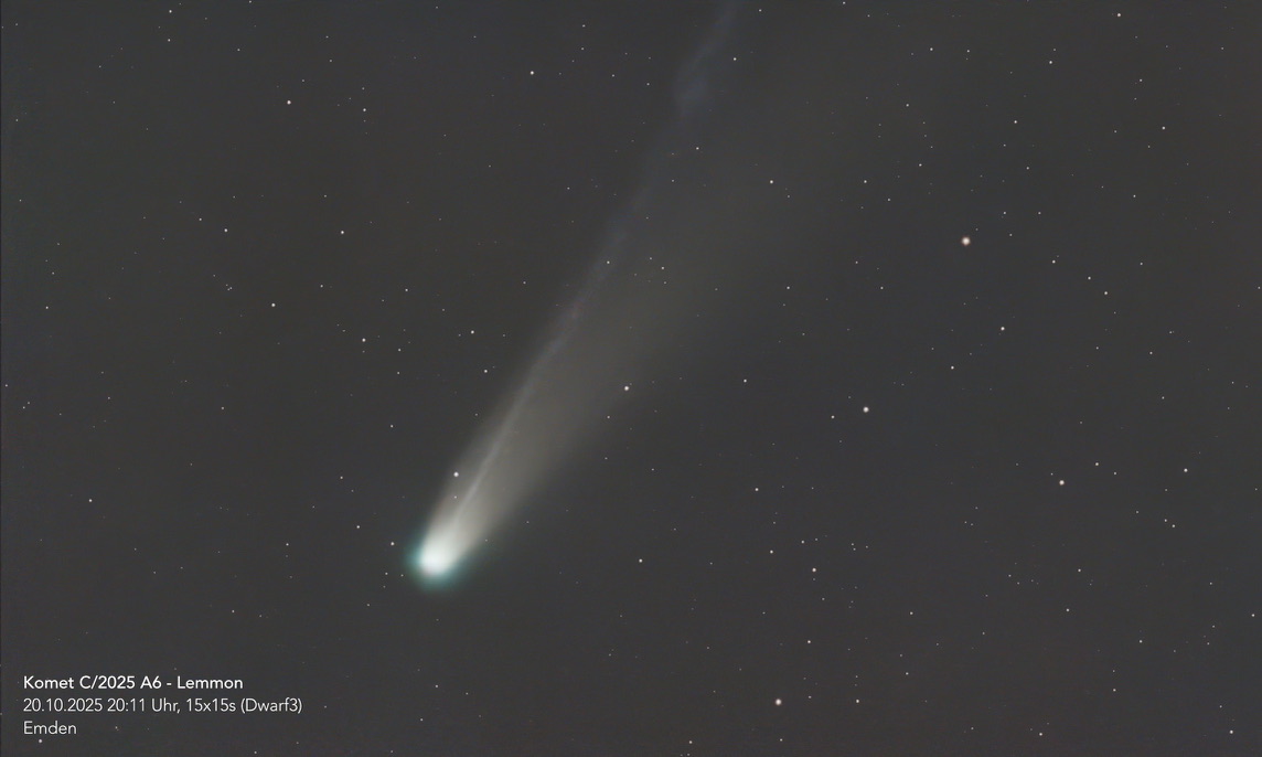 A closeup photo of comet C/2025 A6 Lemmon from Emden taken with the Dwarf3.